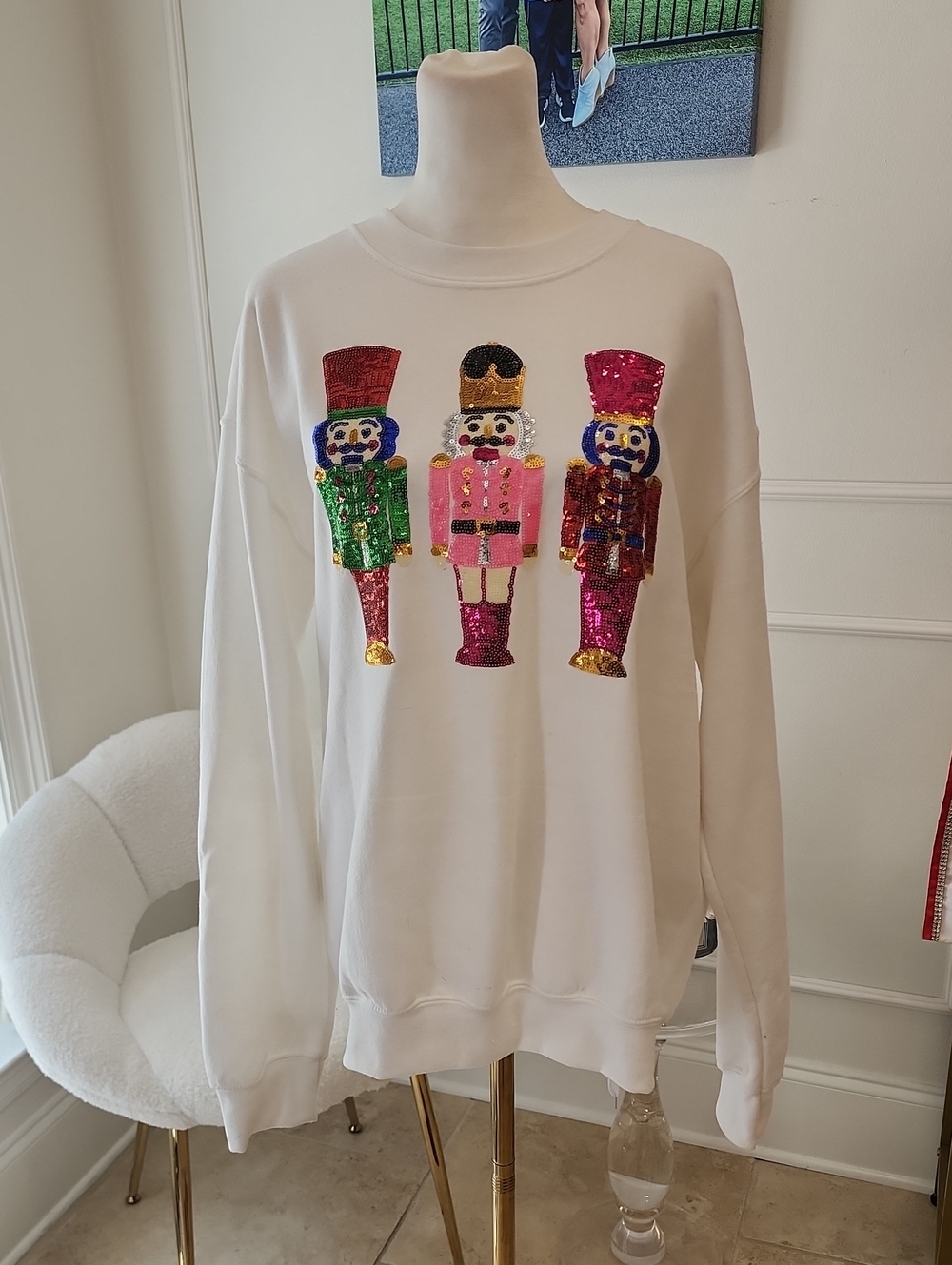 White Crewneck Sweater with Sequin Nutcracker Motifs